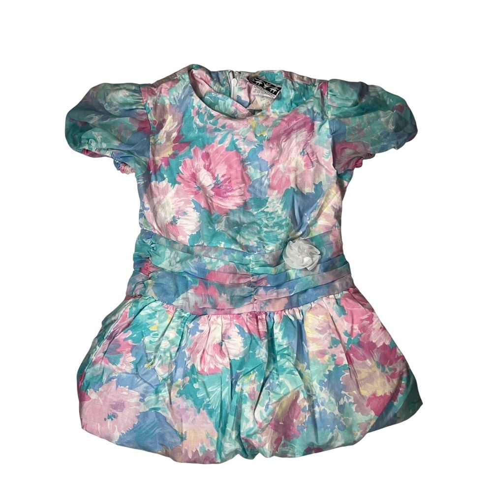 Vintage Disorderly Kids Floral Puff Sleeve Bubble Dress Pink Teal Cotton Size 4‎